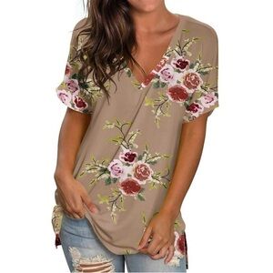 Floral Short Sleeve Top - Tan